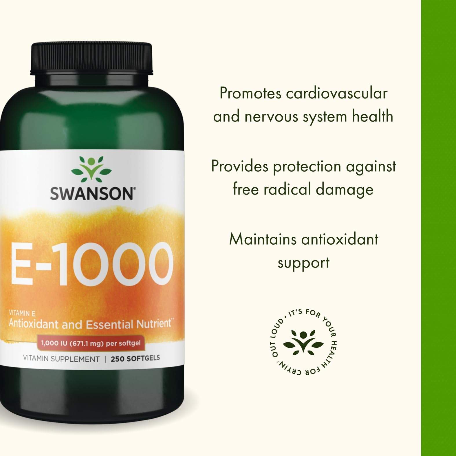 Softgels on white background from Swanson Vitamin E 1000 IU packaging.