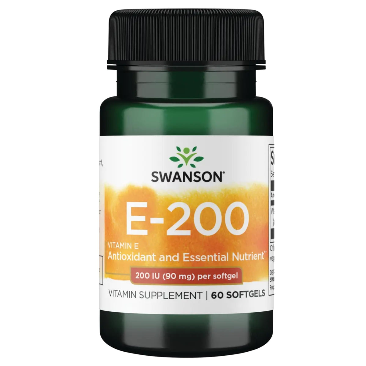 Swanson Vitamin E 200 IU softgels in bottle, easy daily antioxidant support.