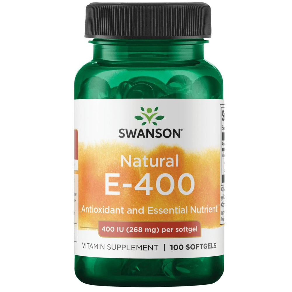 Swanson Vitamin E 400 IU softgels in bottle highlighting antioxidant support