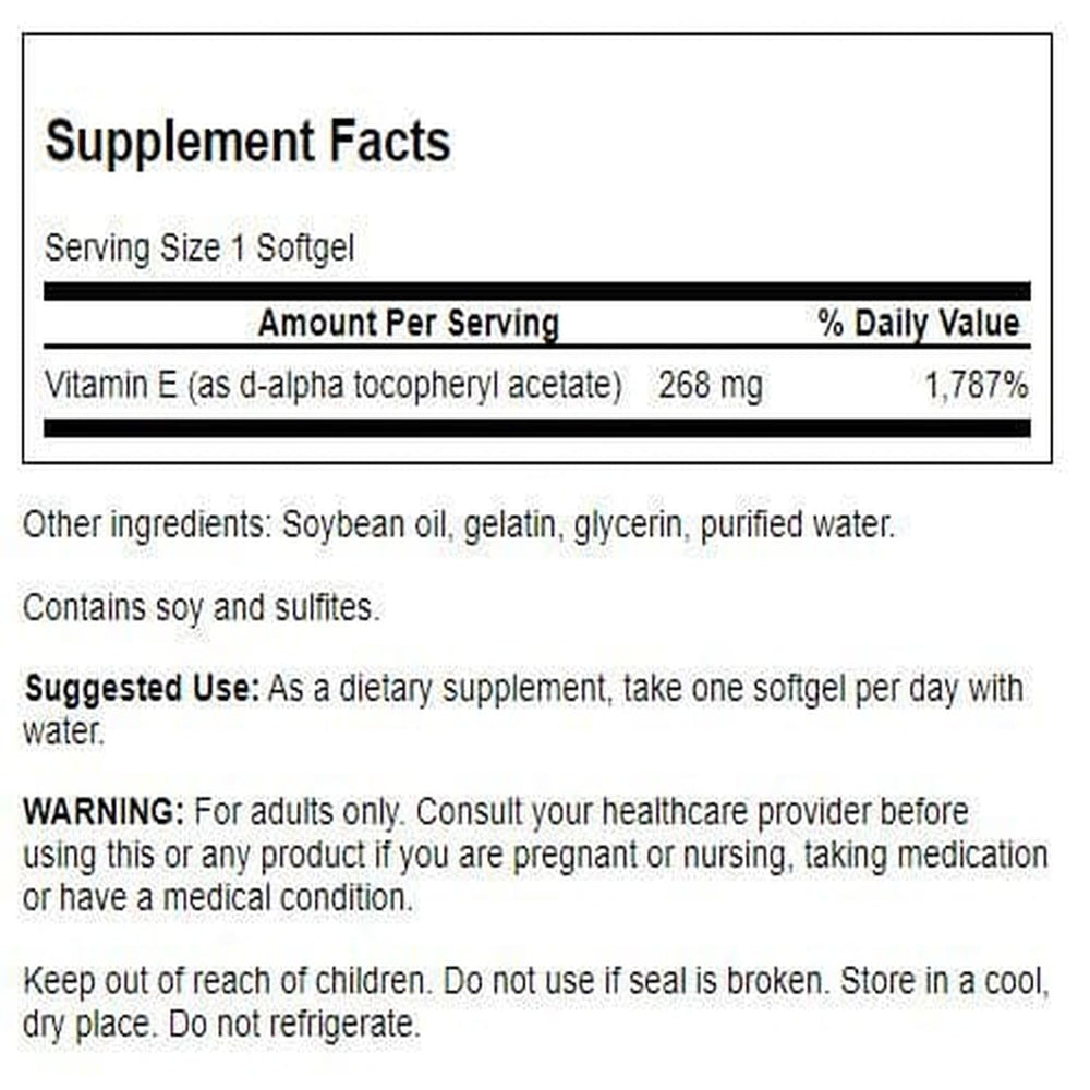 Swanson Vitamin E 400 IU softgels poured from bottle for easy intake