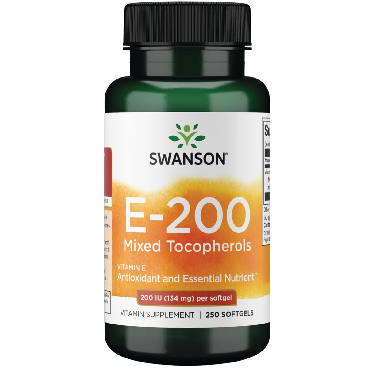 Swanson Vitamin E mixed tocopherols bottle with softgels for daily antioxidant support.