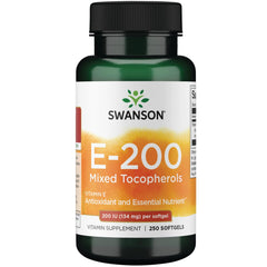 Swanson Vitamin E mixed tocopherols bottle with softgels for daily antioxidant support.