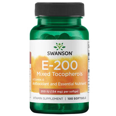Swanson Vitamin E Mixed Tocopherols 200 IU bottle showing daily antioxidant support