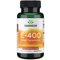 Swanson Vitamin E mixed tocopherols bottle on shelf for daily antioxidant support