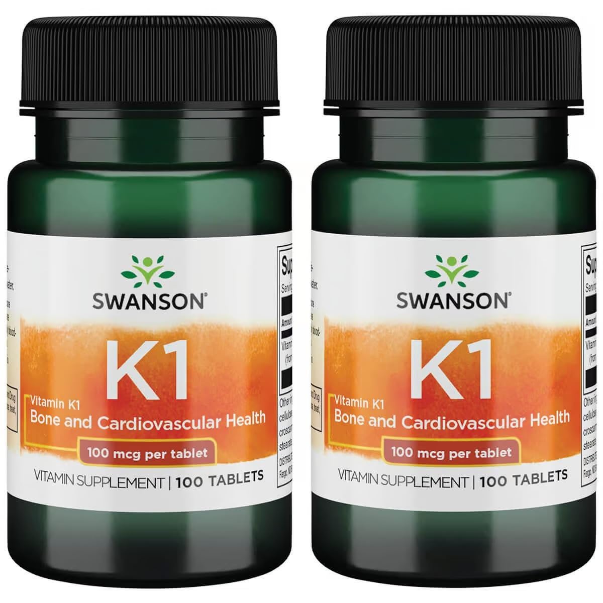 Swanson Vitamin K-1 100 mcg bottle, 2-pack, supports normal blood clotting and bone health