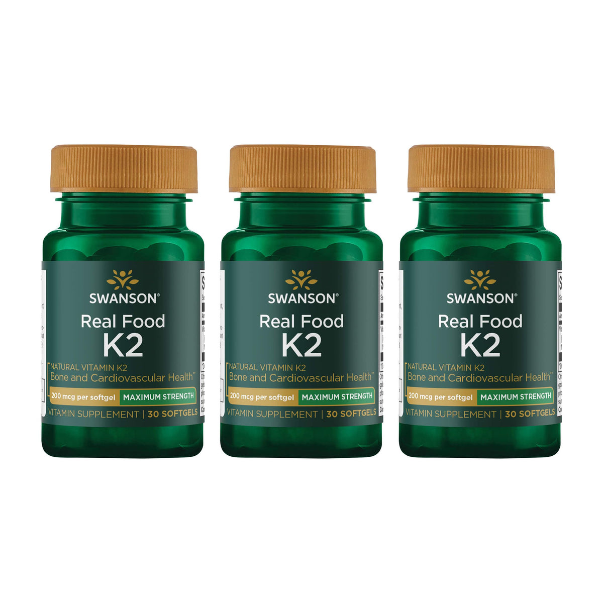 Swanson vitamin K2 bottle highlights 200 mcg MK-7 for calcium regulation.