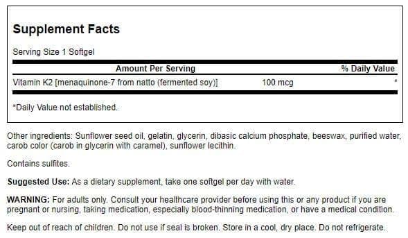 Swanson Vitamin K2 MK-7 label emphasizing natto-derived, high-potency formula