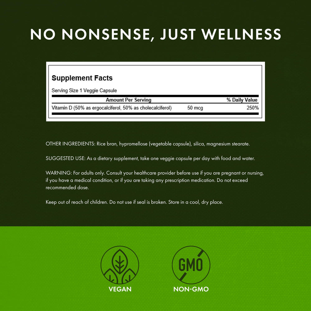 Swanson Vitamine D Complex — étiquette D2 et D3, source fiable.