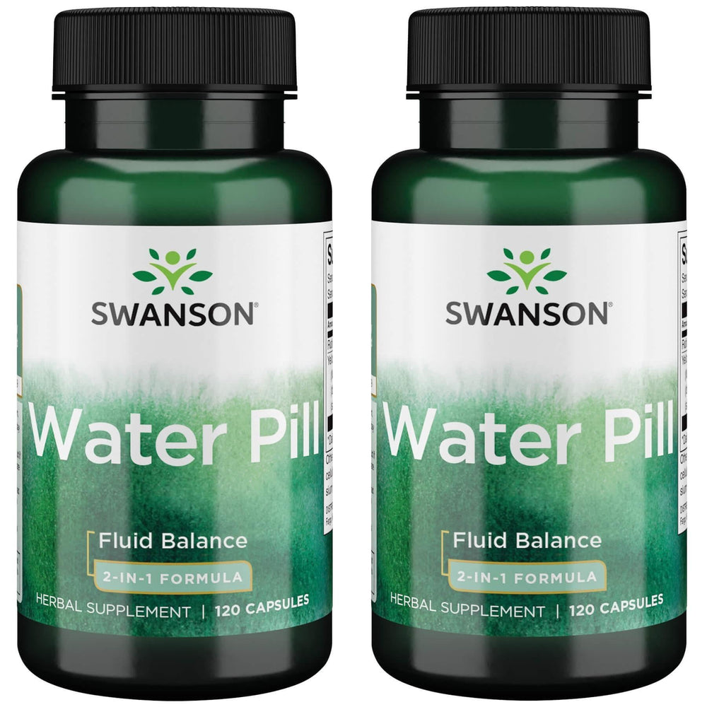Swanson water pill bottle label showing 120 capsules supporting hydration and balance