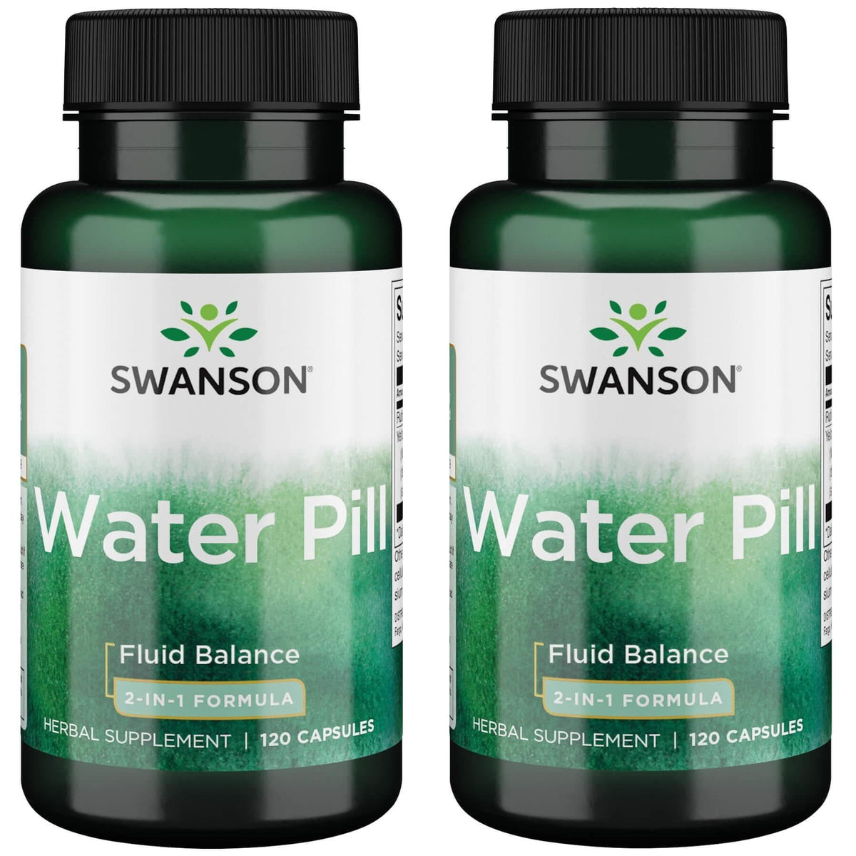 Swanson water pill bottle label showing 120 capsules supporting hydration and balance