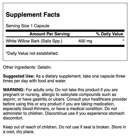 Swanson White Willow Bark 400mg capsules close-up highlighting natural salicin source