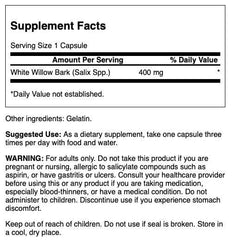 Swanson White Willow Bark 400mg capsules close-up highlighting natural salicin source