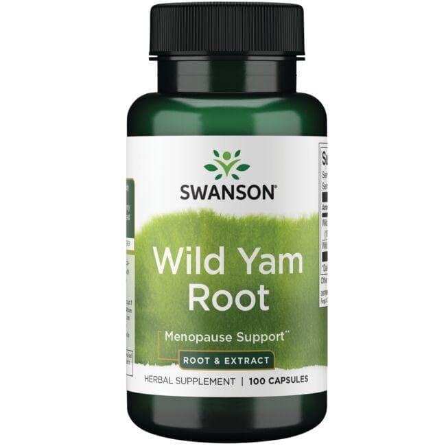 Swanson Wild Yam Root capsules shown in a bottle.