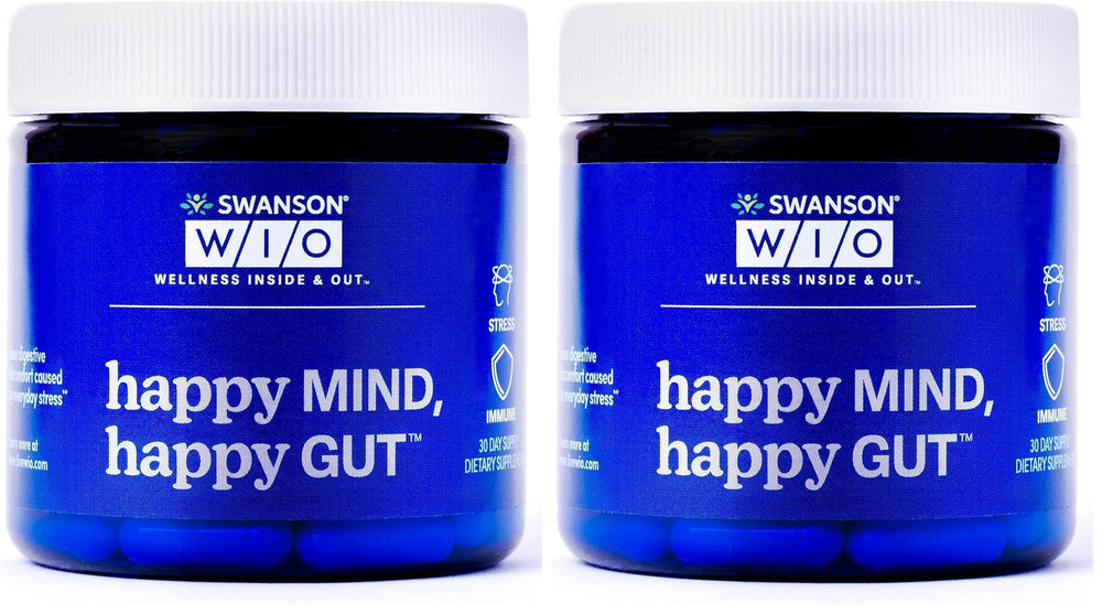 Swanson WIO Happy Mind bottle pour promotes gut balance and stress support.