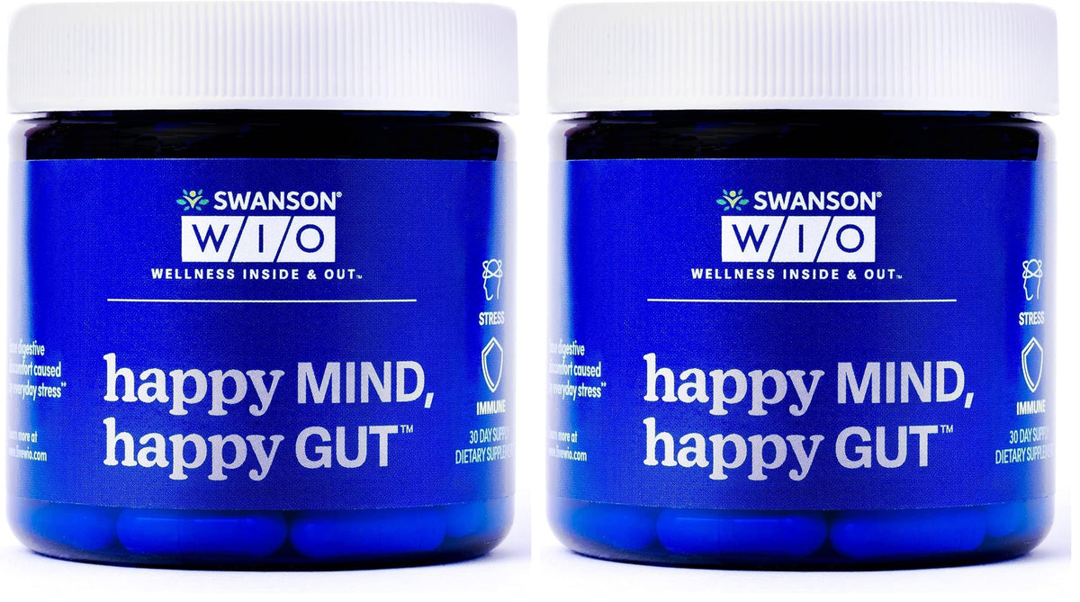 Swanson WIO Happy Mind bottle pour promotes gut balance and stress support.
