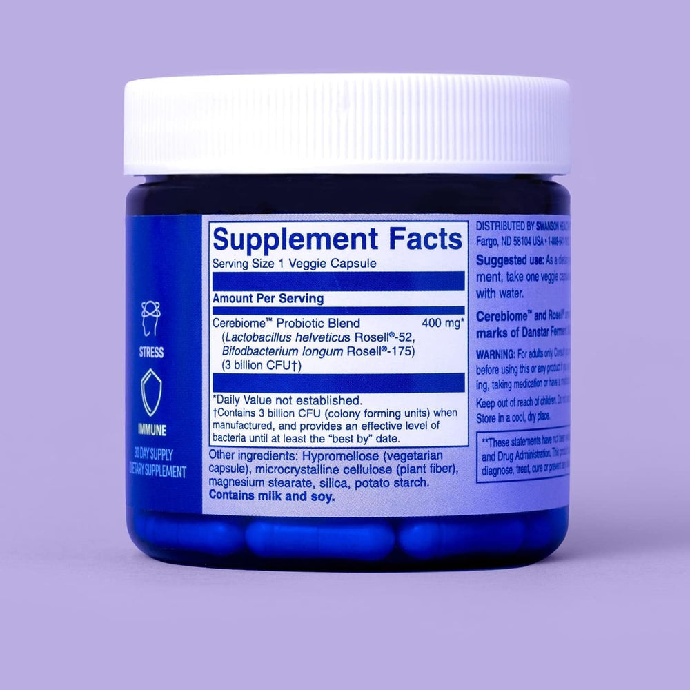 Swanson WIO Happy Mind, Happy Gut capsule closeup highlighting easy daily probiotic intake for gut health.