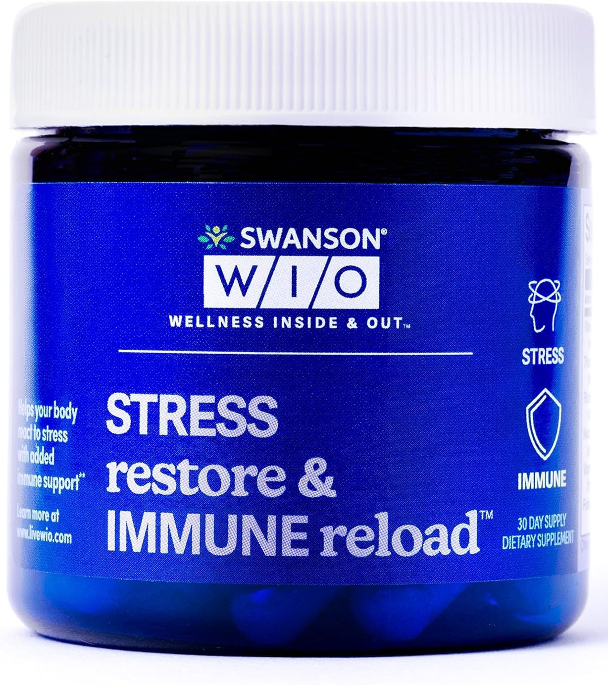 Swanson WIO Stress Restore bottle highlights immune defenses during stress.