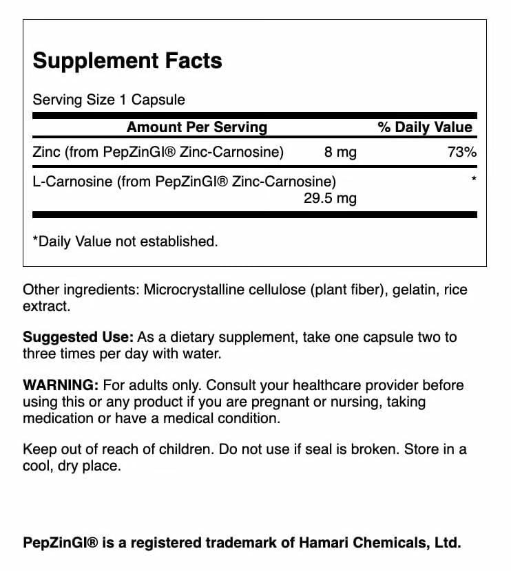 Closeup of Swanson Zinc Carnosine capsules highlighting the chelated formula.