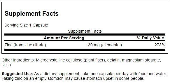 Swanson Zinc (Citrate) 30 mg capsules close-up showing easy-to-swallow form for vision and immune health.