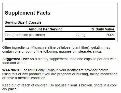 Swanson Zinc Picolinate label shows chelated zinc with picolinic acid for absorption.