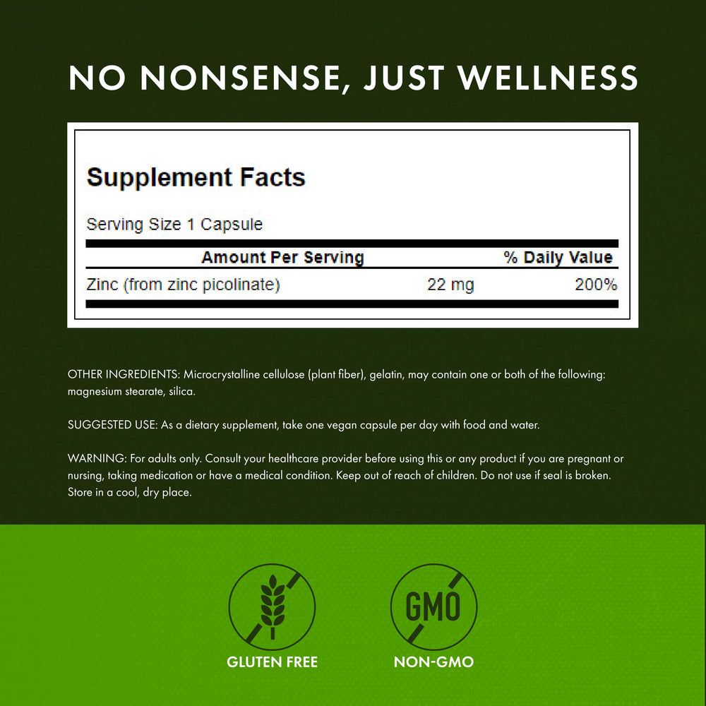 Label close-up of Swanson Zinc Picolinate emphasizing zinc picolinate form.