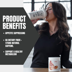 Close-up of Sweat Ethic FYRE’D UP label with caffeine and fiber details