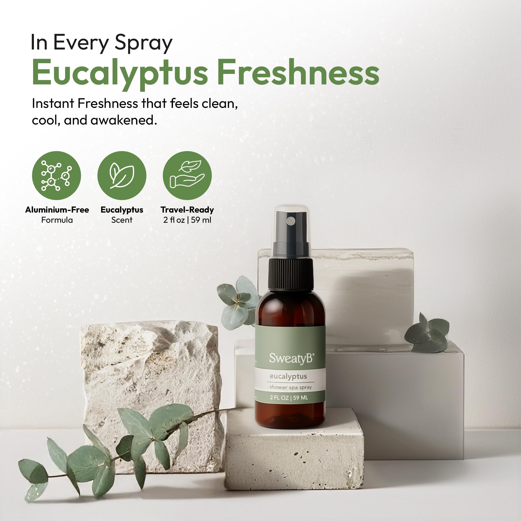 SweatyB eucalyptus spray bottle shown with steam for refreshing aromatherapy