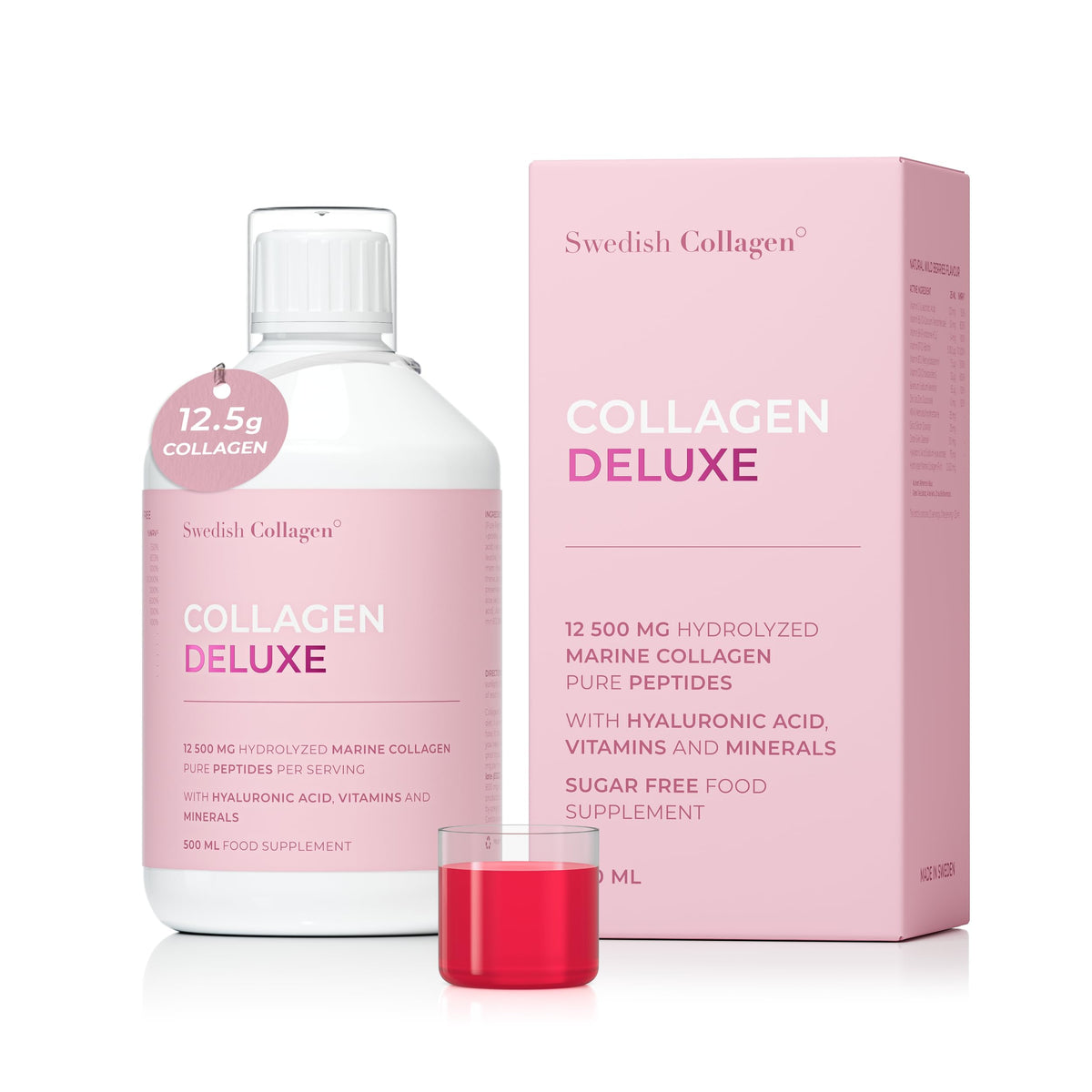 Swedish Collagen Deluxe bottle front showing premium marine collagen for daily use