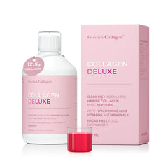 Swedish Collagen Deluxe bottle front showing premium marine collagen for daily use