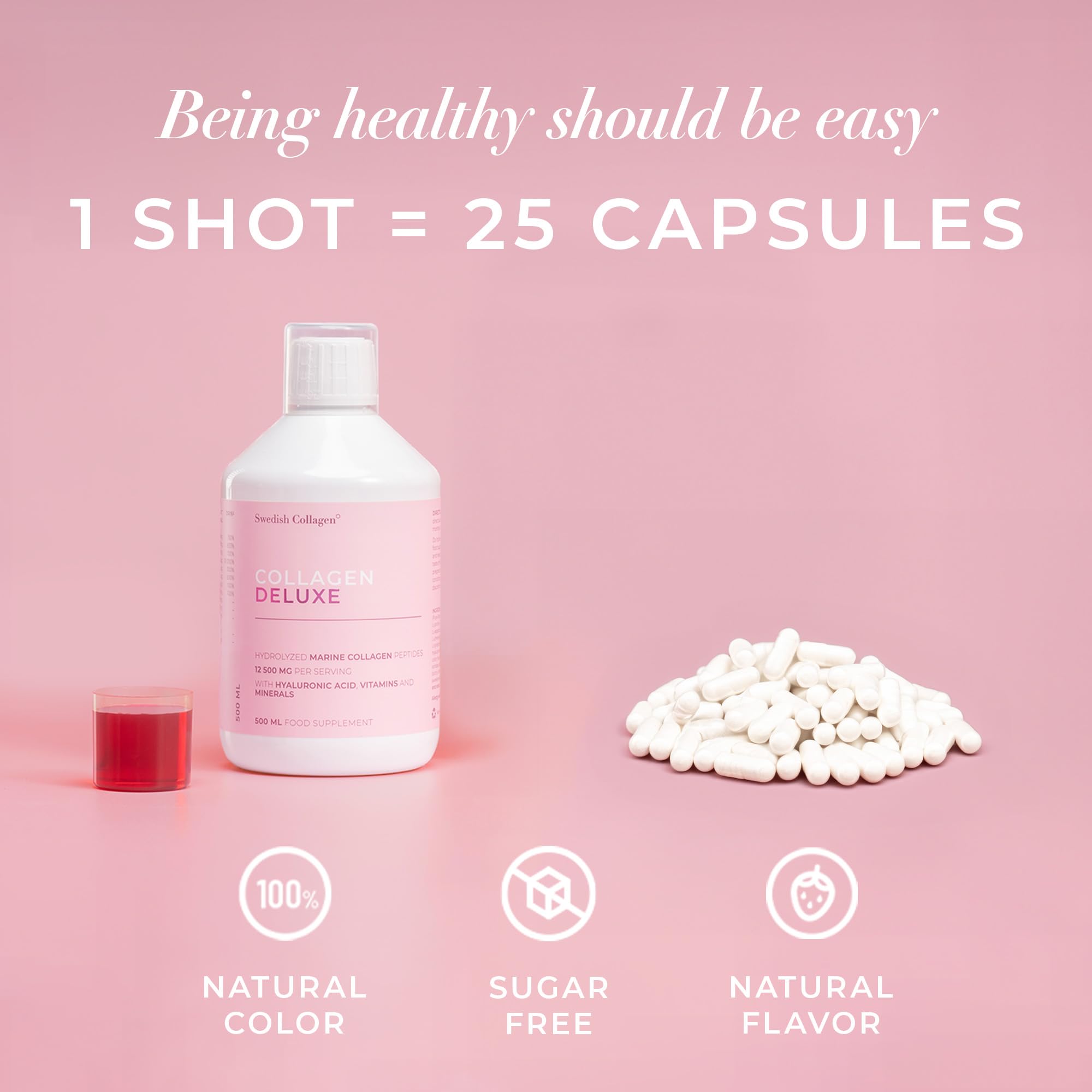 Swedish Collagen Deluxe natural berry flavor bottle emphasizes sugar-free refreshment