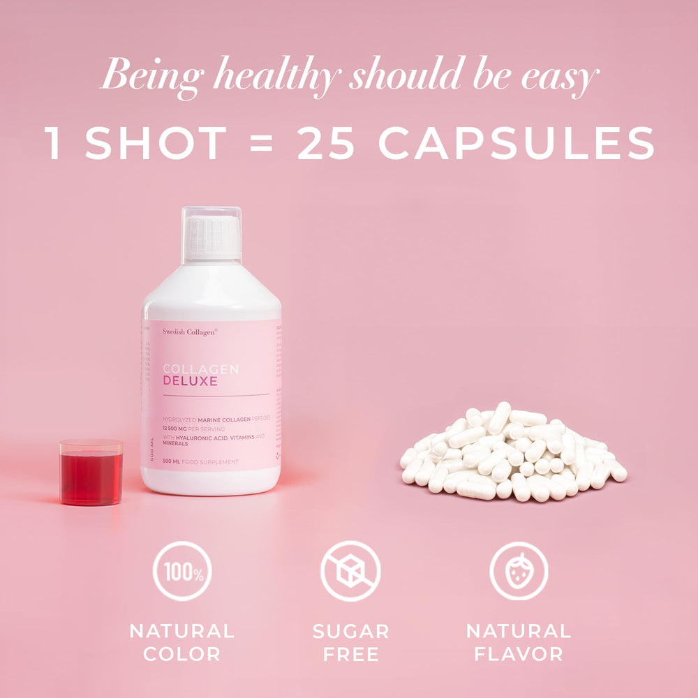 Swedish Collagen Deluxe natural berry flavor bottle emphasizes sugar-free refreshment
