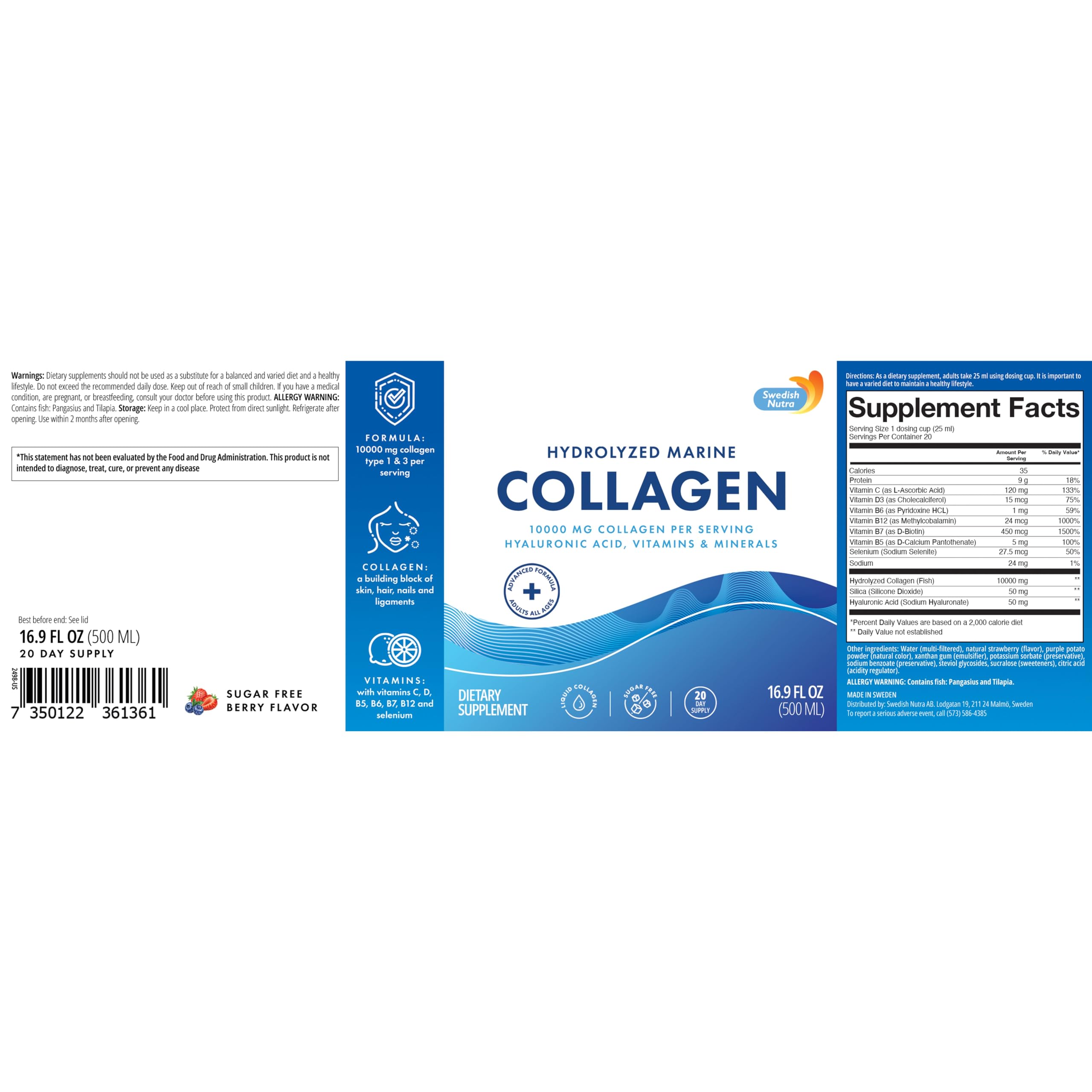 500 ml bottle of Swedish Nutra hydrolyzed collagen liquid ready for daily use