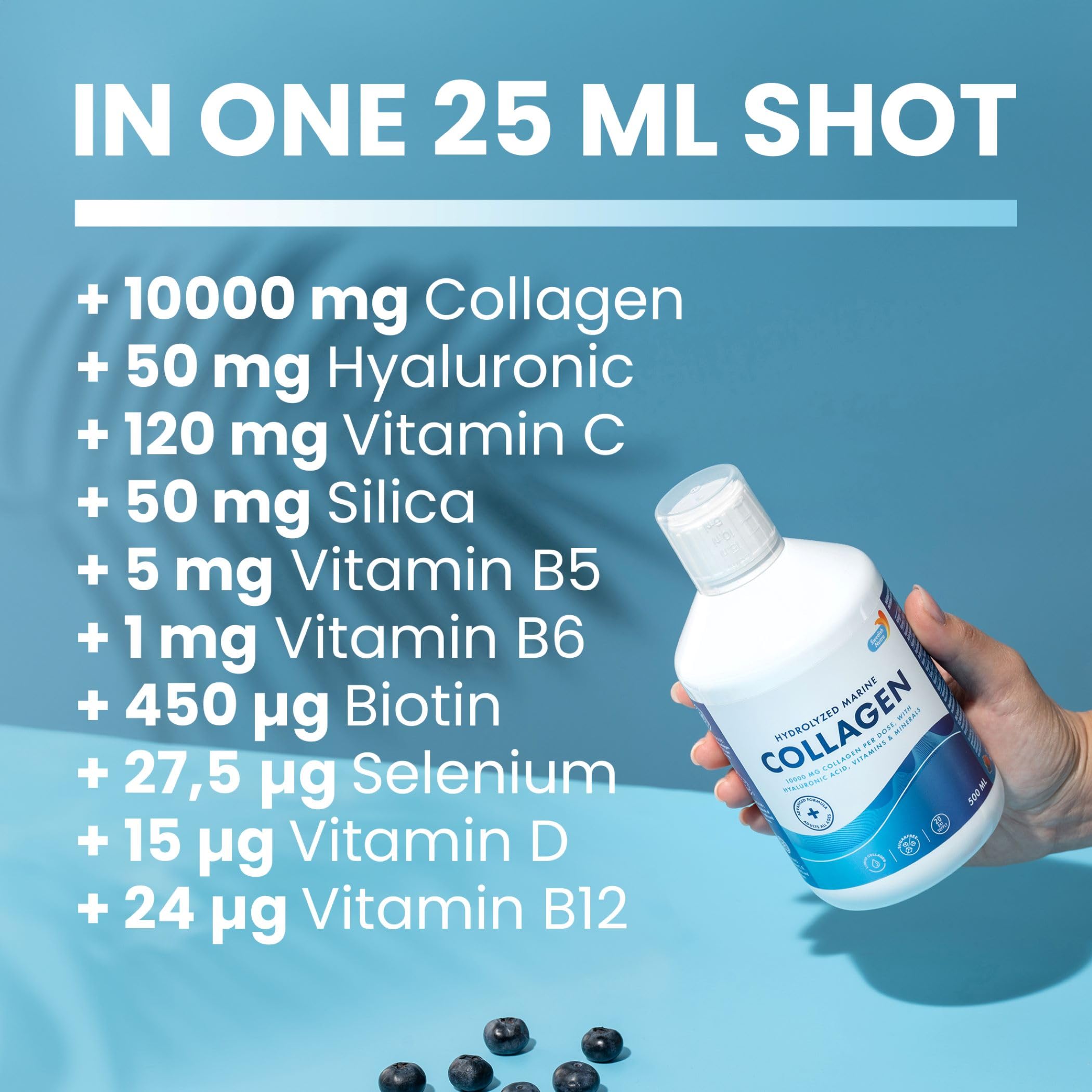 Glass containing Swedish Nutra collagen liquid with berry flavor and ice