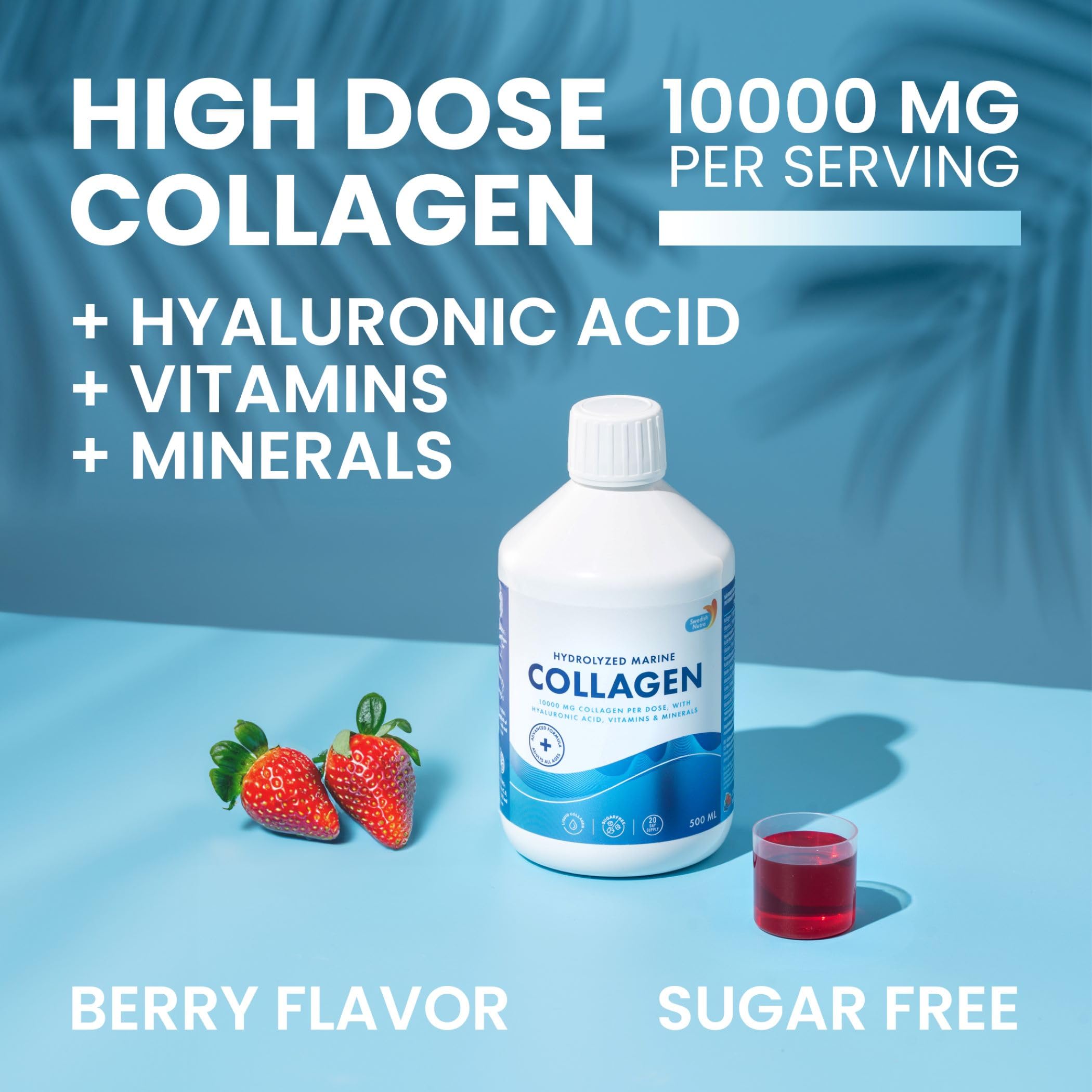 Close-up of Swedish Nutra collagen liquid bottle label with natural berry flavor