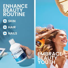 Pour shot of Swedish Nutra collagen liquid highlighting convenient daily dose