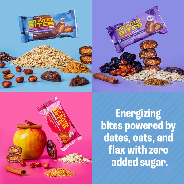 Sweet Nothings Nut Butter Bites packaging with nutrition label.