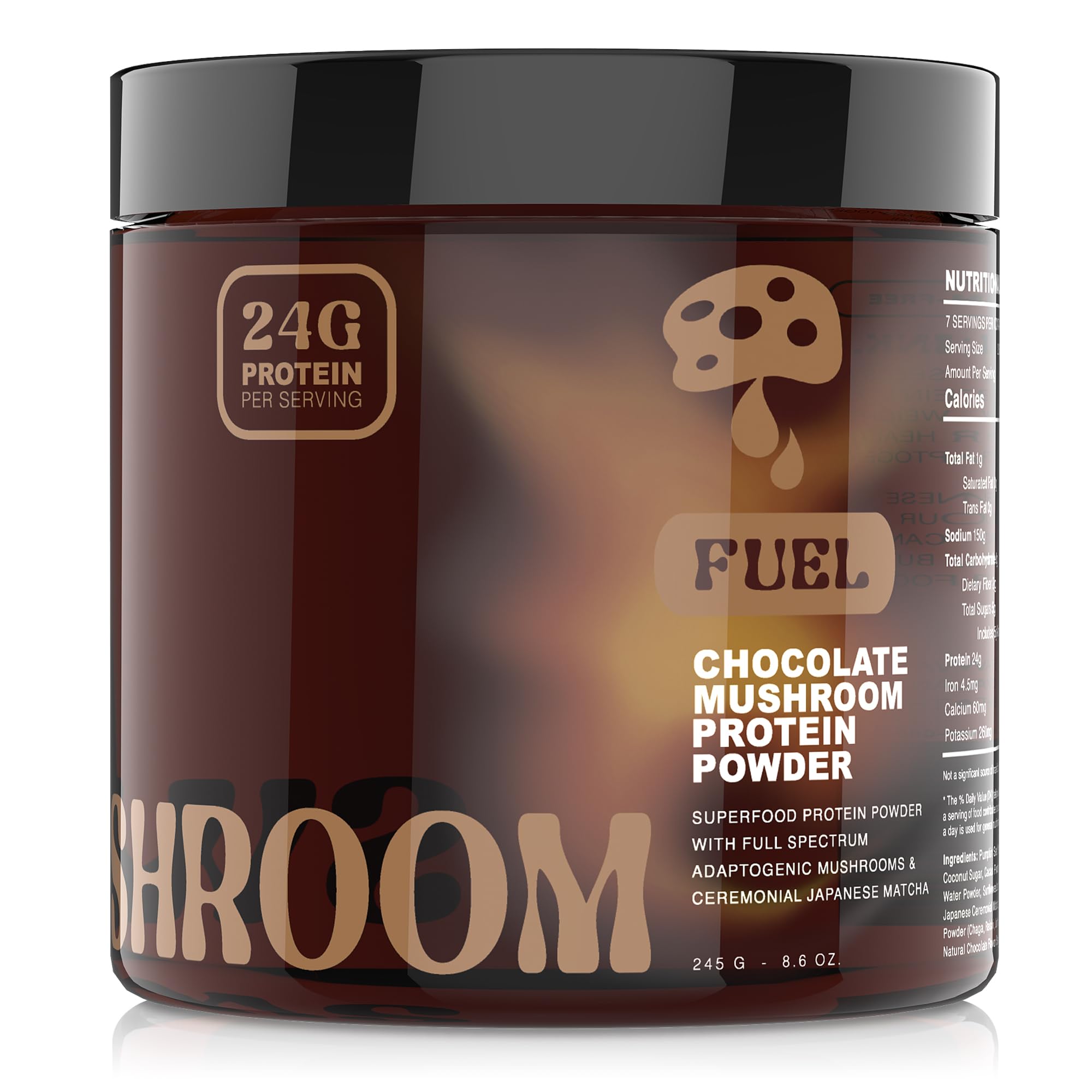 Sweet Shroom chocolate vegan pea protein powder jar for smooth shakes and daily energy