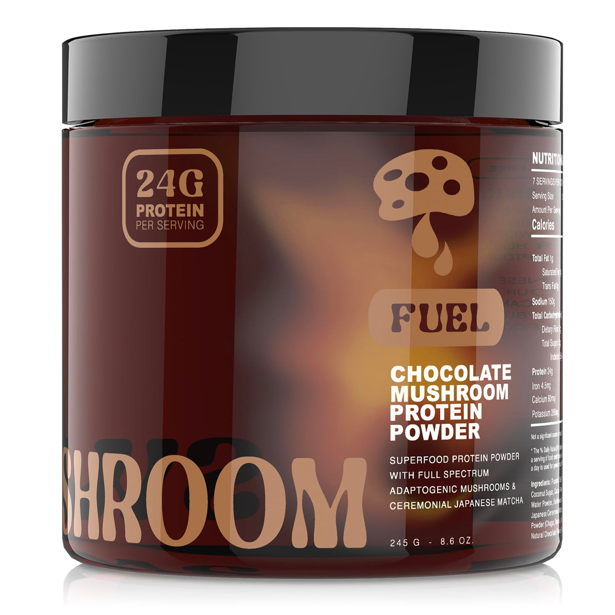 Sweet Shroom chocolate vegan pea protein powder jar for smooth shakes and daily energy
