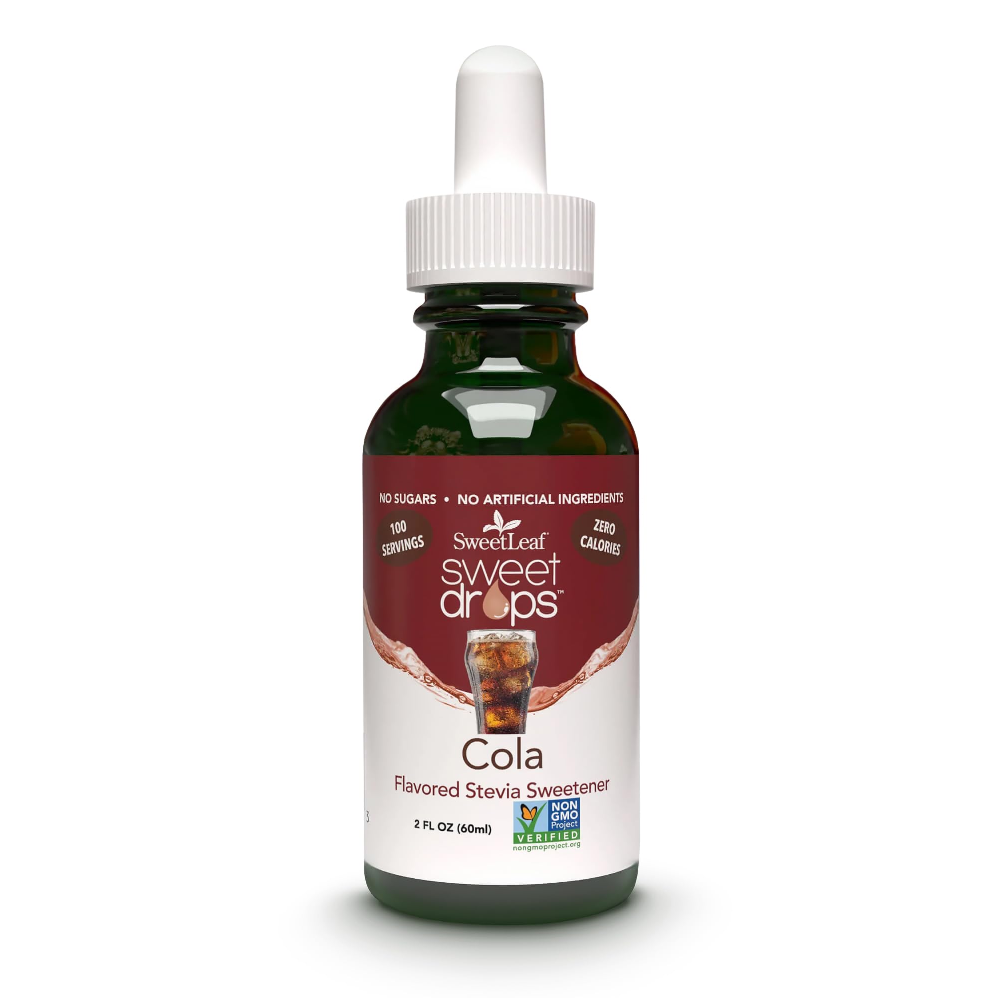 SweetLeaf Cola Sweet Drops bottle on the counter, zero-calorie flavor option.