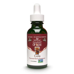 SweetLeaf Cola Sweet Drops bottle on the counter, zero-calorie flavor option.