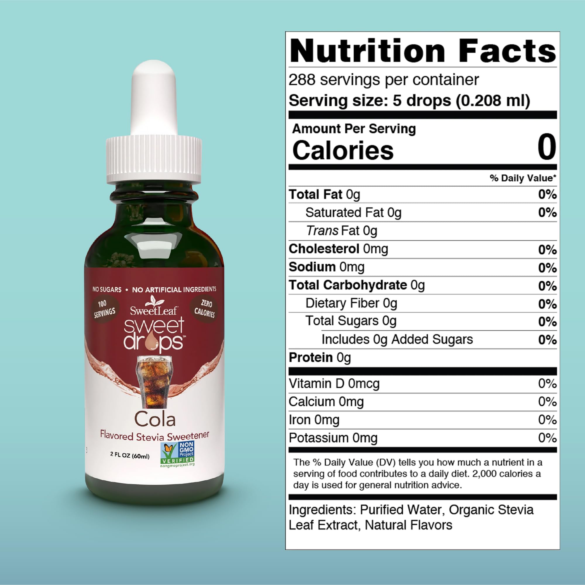 Pouring SweetLeaf Cola Sweet Drops into a glass for sugar-free flavor.