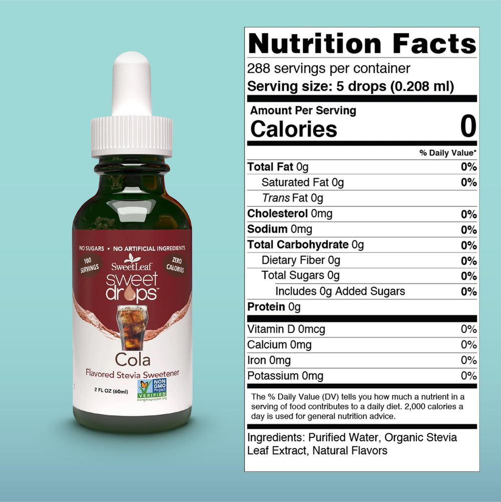 Pouring SweetLeaf Cola Sweet Drops into a glass for sugar-free flavor.