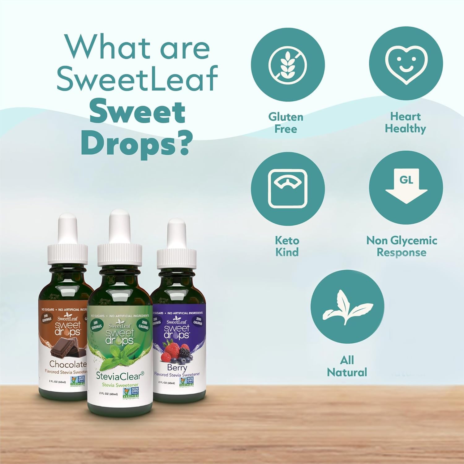 Bottle of SweetLeaf Cola Sweet Drops with recipe ideas nearby.