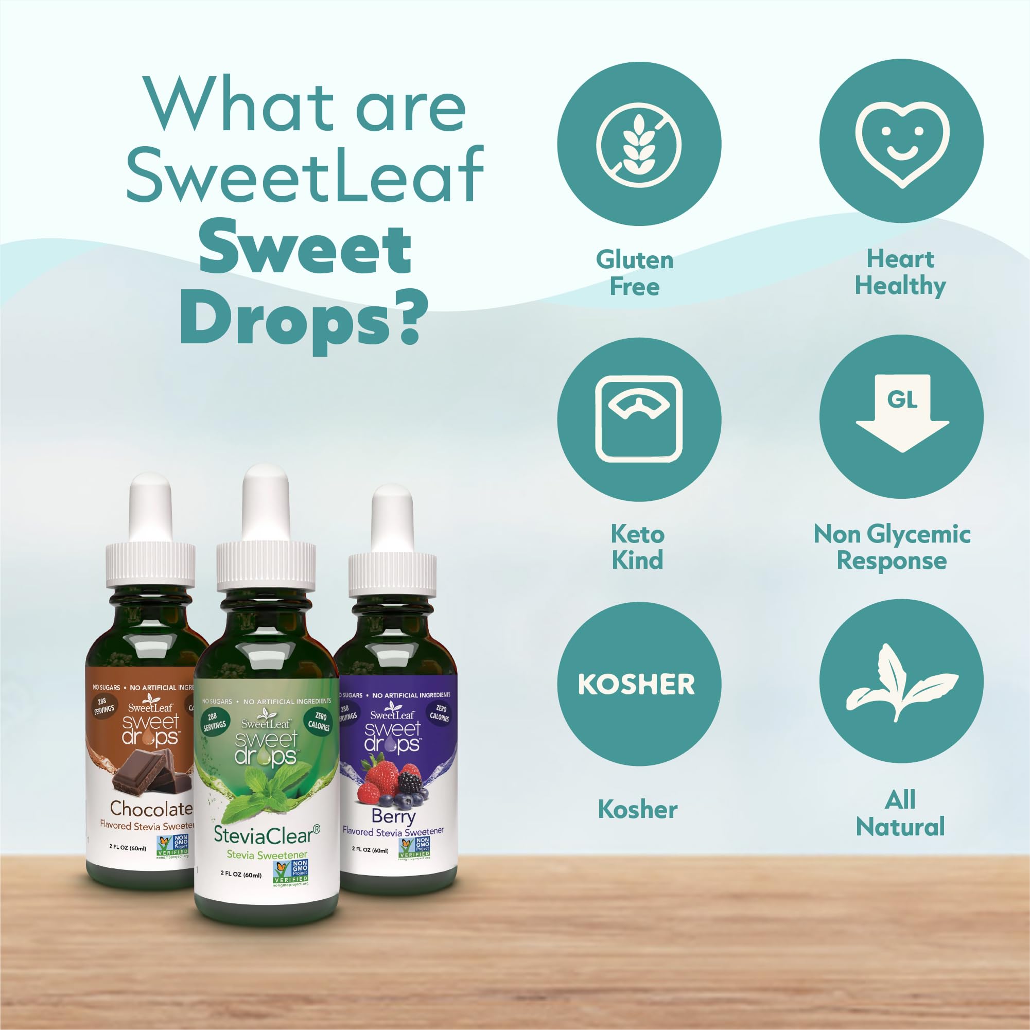 SweetLeaf SteviaClear recyclable glass packaging in eco-friendly setup