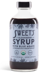 Sweet's Elderberry syrup bottle with blue agave for daily immune support flavor.