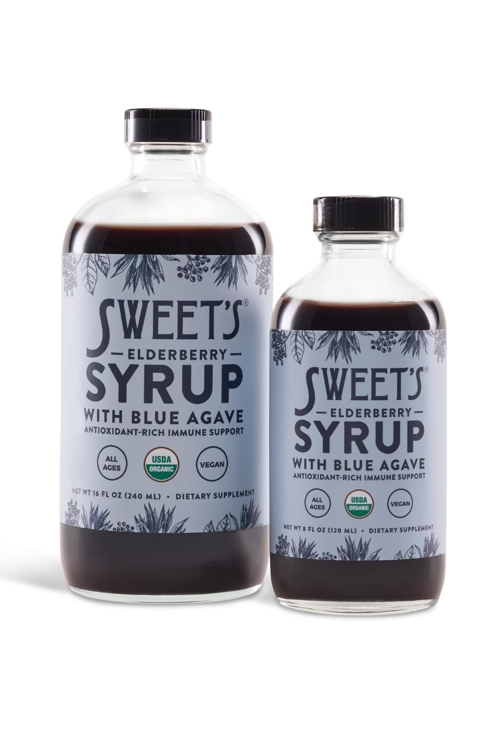 Ingredients highlight elderberry and blue agave with prebiotic inulin.