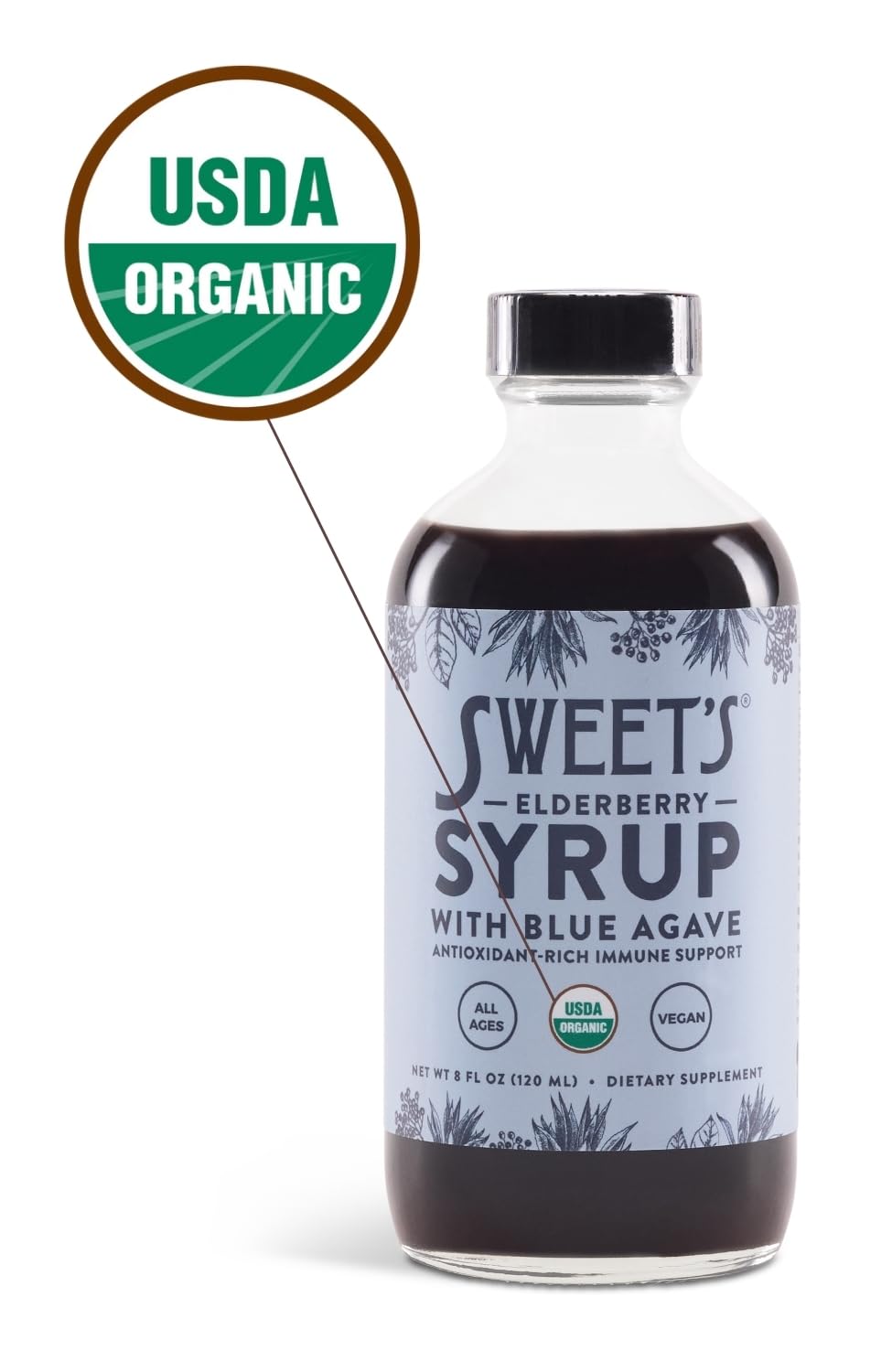 Sweet's Elderberry syrup label featuring USDA Organic certification and vegan formula.