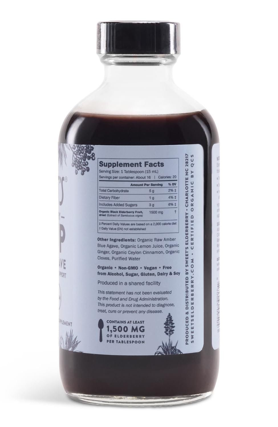 Pouring Sweet's Elderberry syrup into a glass, smooth and tasty.