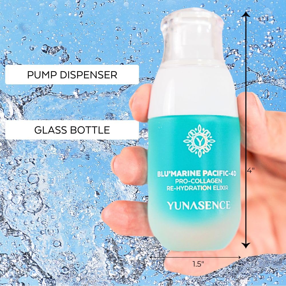 Applying YUNASENCE Blu-Marine elixir to the skin for a refreshed look
