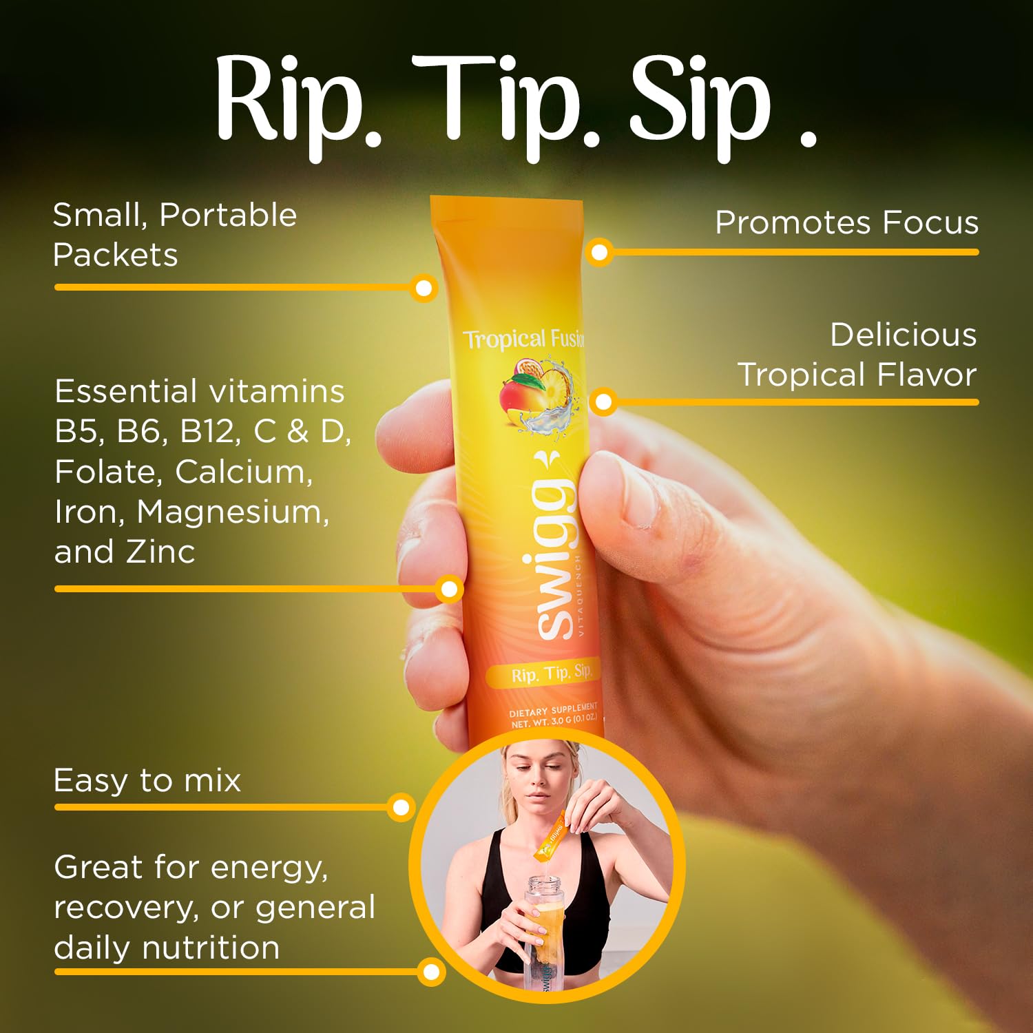 Swigg tropical fusion bottle beside pack highlights portable hydration for travel
